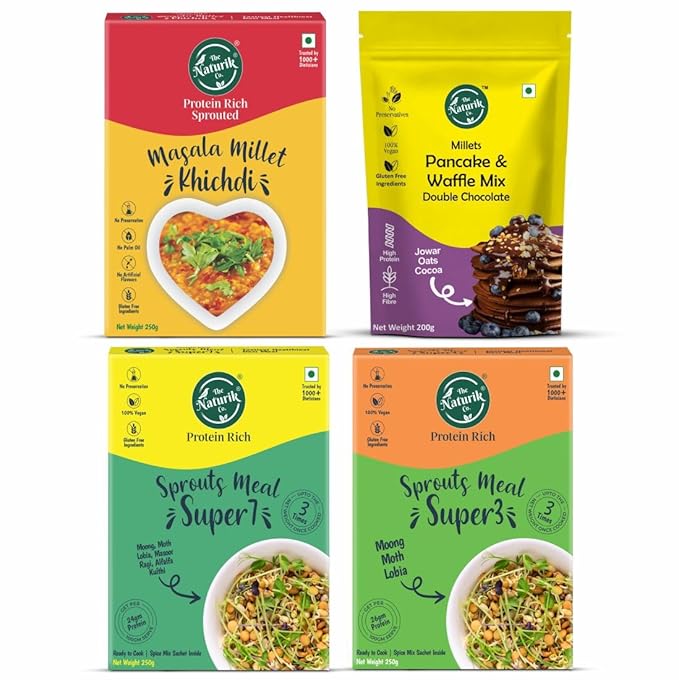 The Naturik Co Healthy Mix Combo Pack of 4, Masala Millet Khichdi, Millets Pancake & Waffle Mix, Sprouts Meal