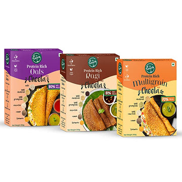 The Naturik Co Oats, Ragi (Millets) and Multigrain Cheela Mix Combo - 250g each (Pack of 3), Ready to Cook Chilla/Dosa for Healthy Breakfast, 20% Protein, Anytime Snack for Kids and Family