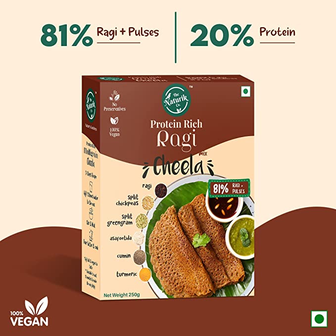The Naturik Co Ragi (Millets) Cheela Mix, 250g, Ready to Cook Chilla/Dosa for Healthy Breakfast, 81% Ragi and Pulses, 20% Protein